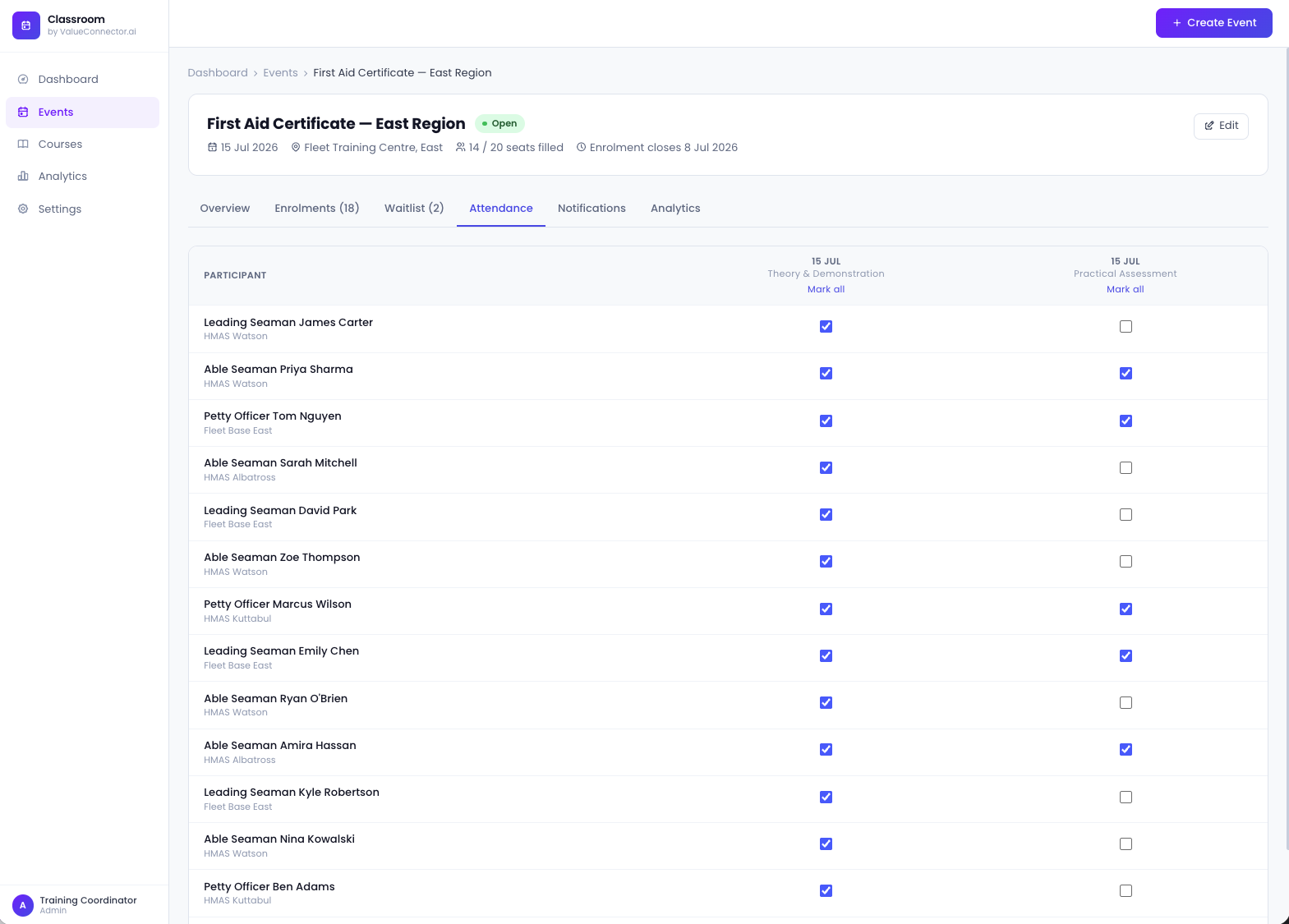Attendance tracking screenshot