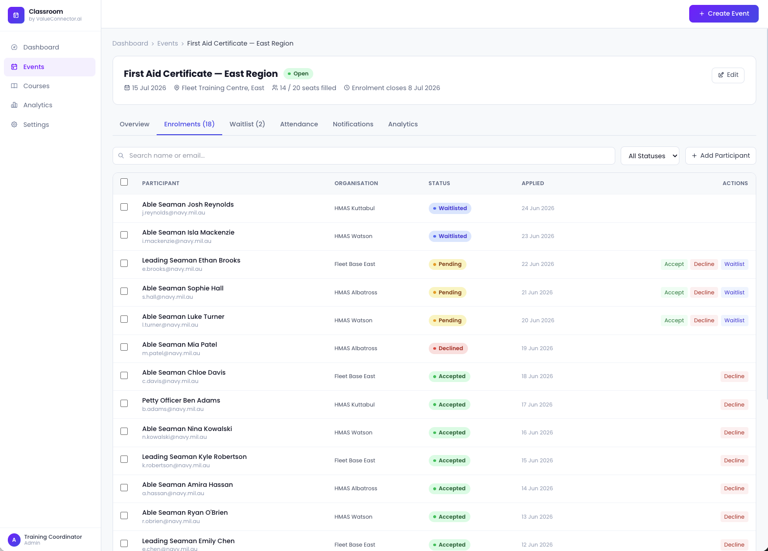 Enrolment management screenshot